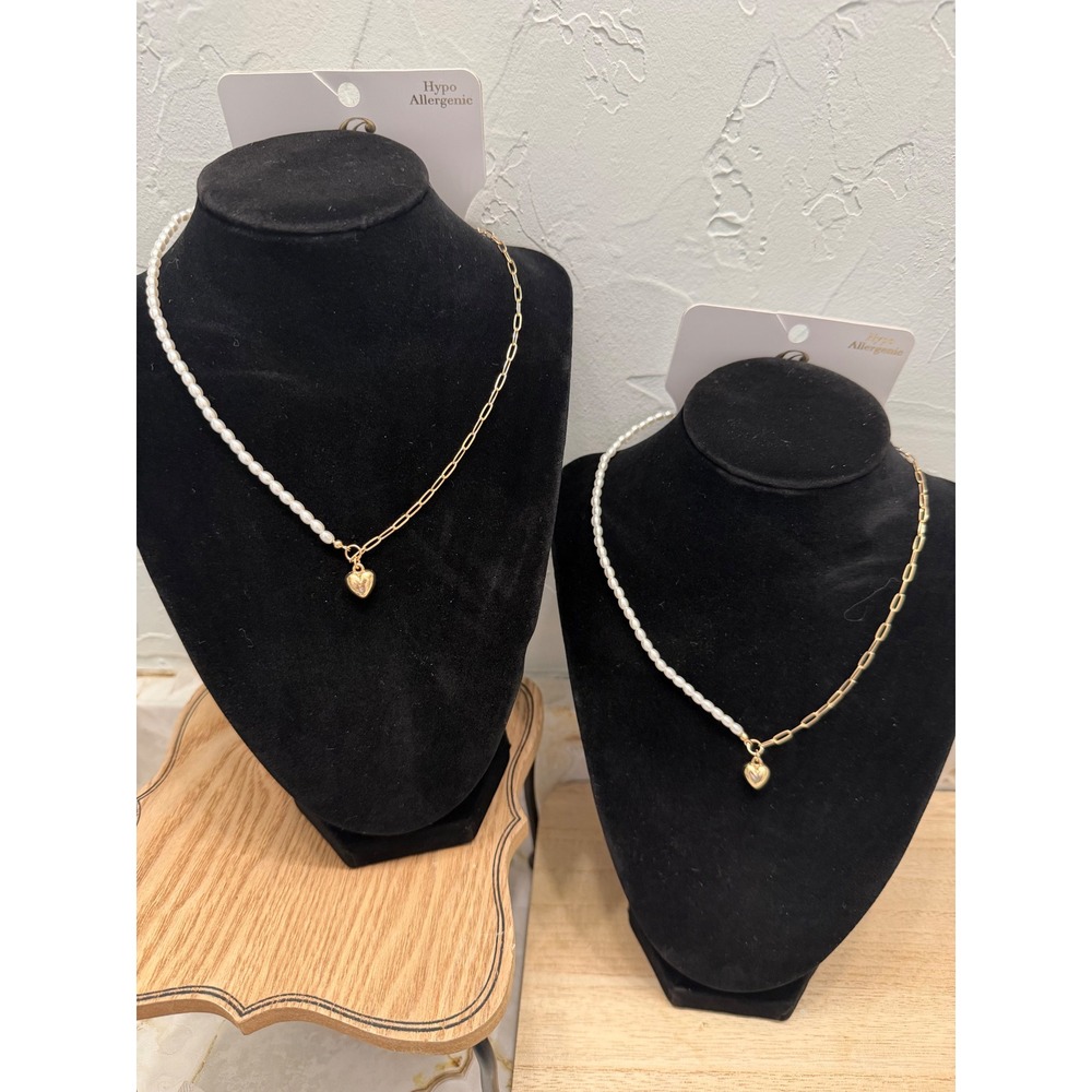 Set of 2 Charming Charlie's Gold Tone Pearl Heart Charm‎ Necklace NEW